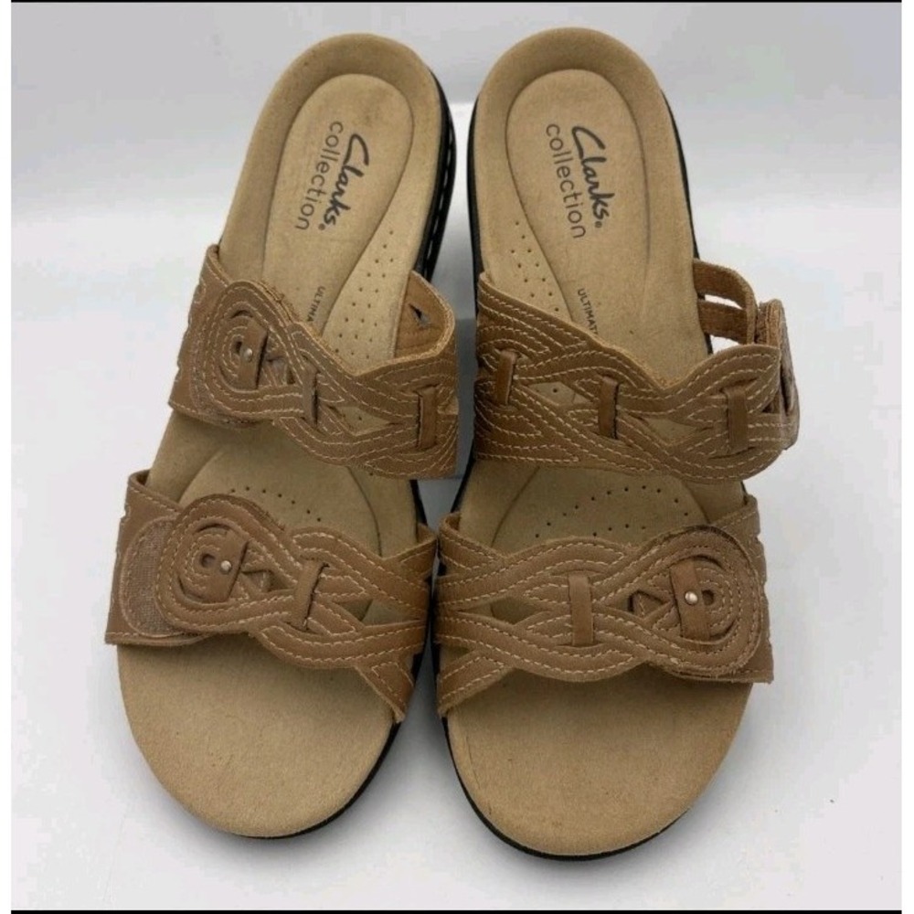 NEW Clarks Collection Laurieann Ruby Tan Leather Slide Sandals Womens Size 11